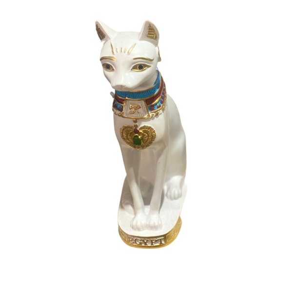 Egyptian Cat Bastet Goddess White Statue Figurine 8" - Picture 2 of 4